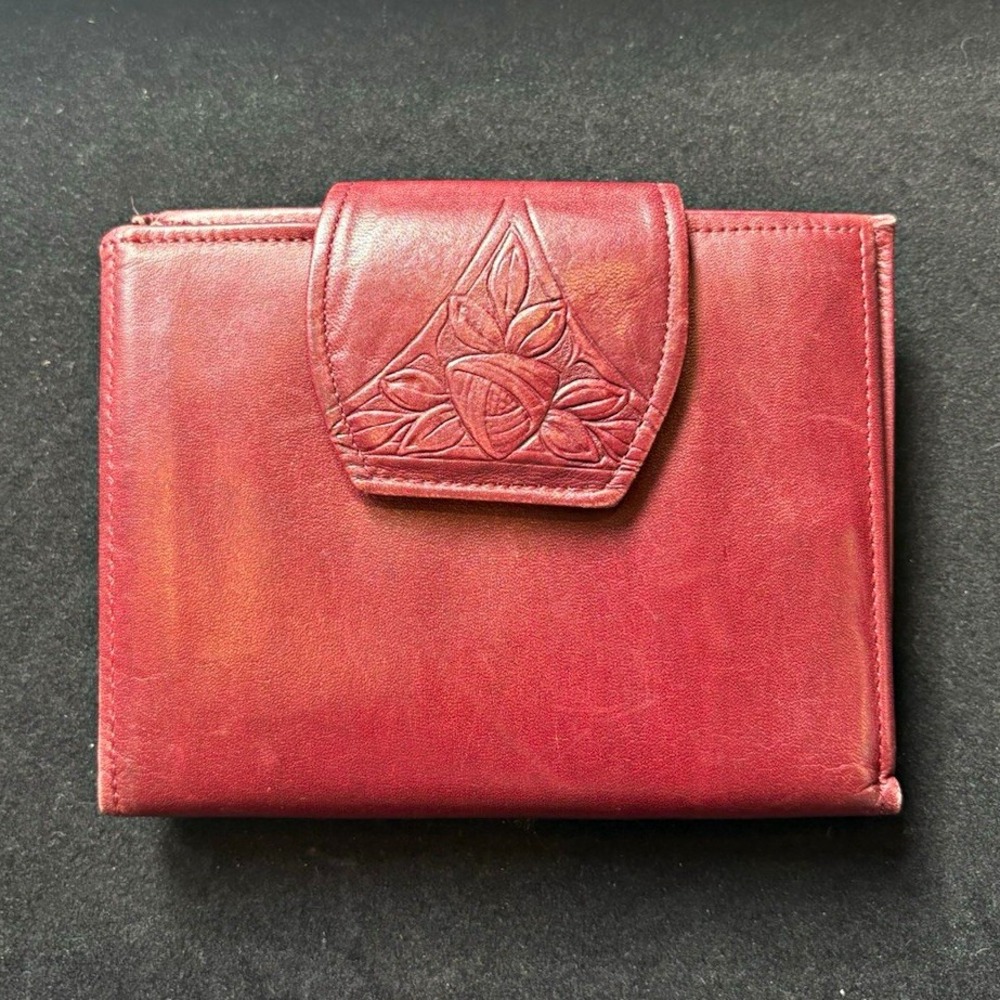 Vintage Rolfs Cowhide Leather Wallet Burgundy Red Floral Tooled Kiss Lock